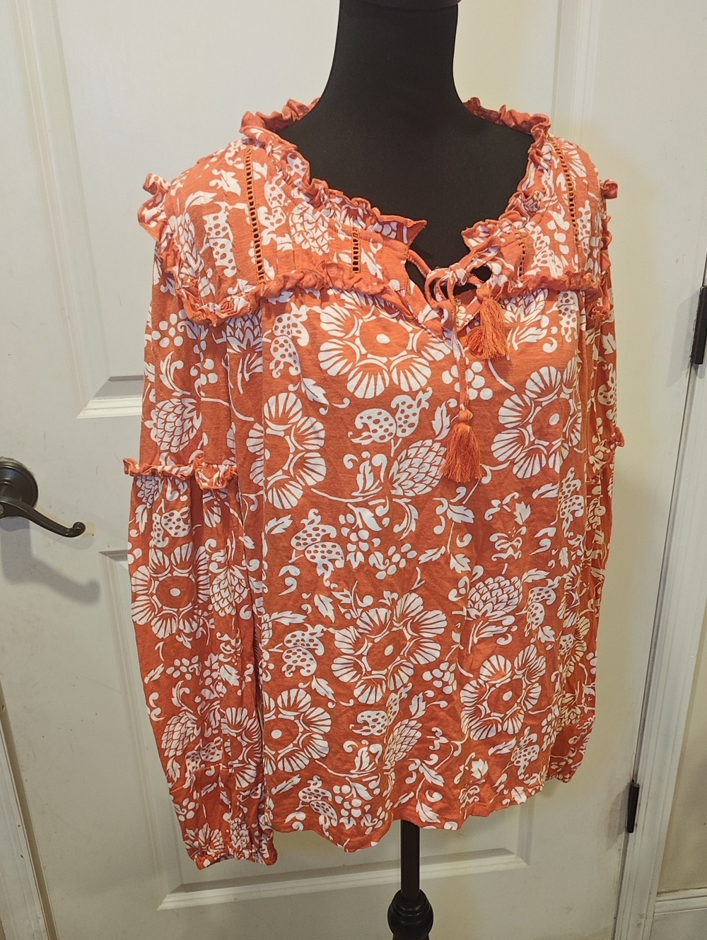 Wonderly Rust-Orange Floral Ruffle Peasant Blouse with Tassels
